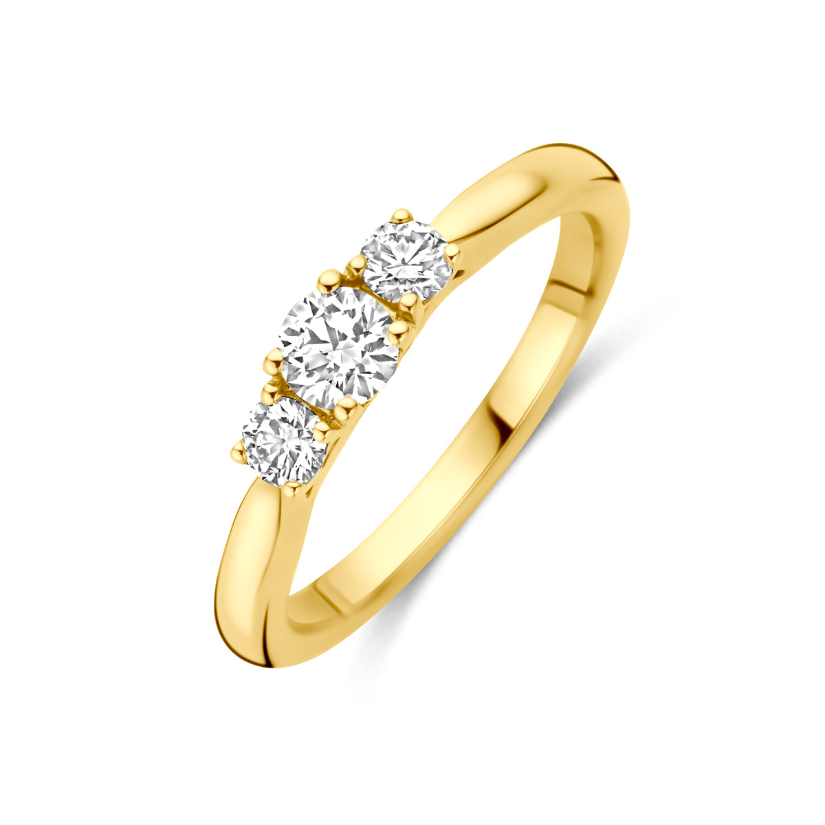 Schuin bovenaanzicht van de gouden ring met lab grown diamant van 14 karaat.