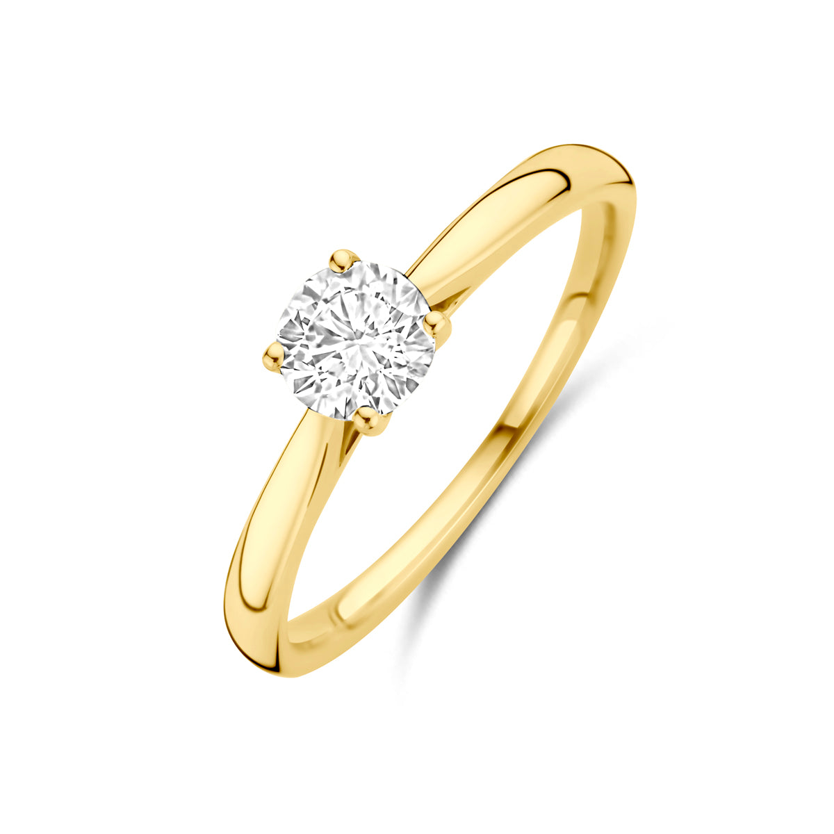 Schuin bovenaanzicht van de gouden ring met lab grown diamant van 14 karaat.