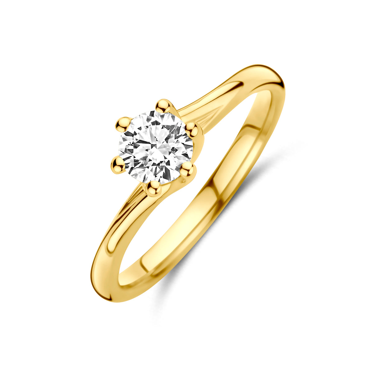 Schuin bovenaanzicht van de gouden ring met lab grown diamant van 14 karaat.