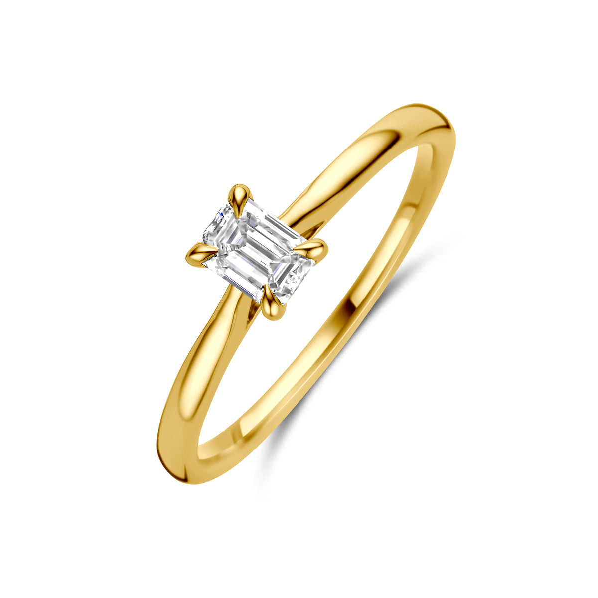 Schuin bovenaanzicht van de gouden ring met lab grown diamant van 14 karaat.