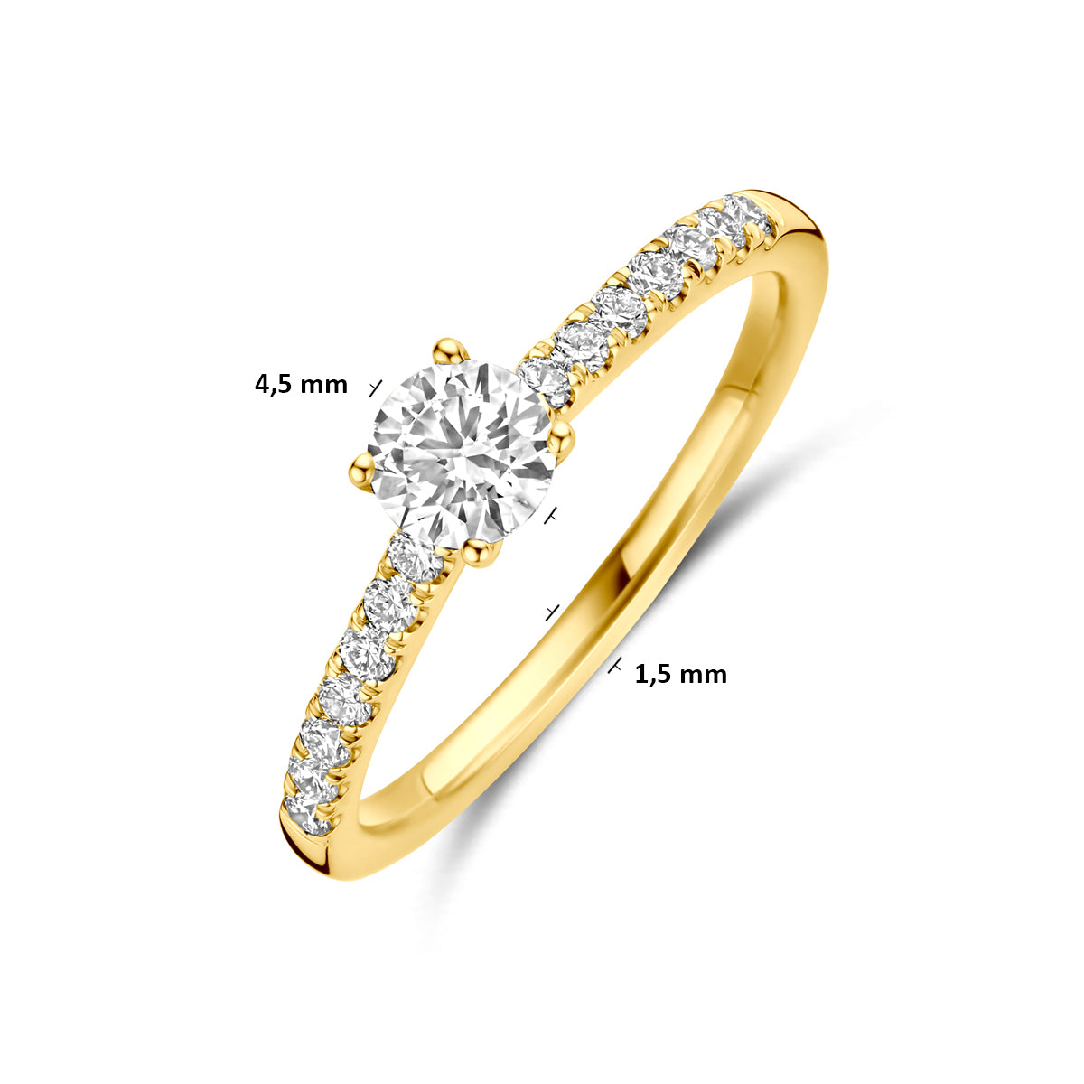 Afmetingen van de gouden ring met lab grown diamant van 14 karaat: steen 4,5 mm.