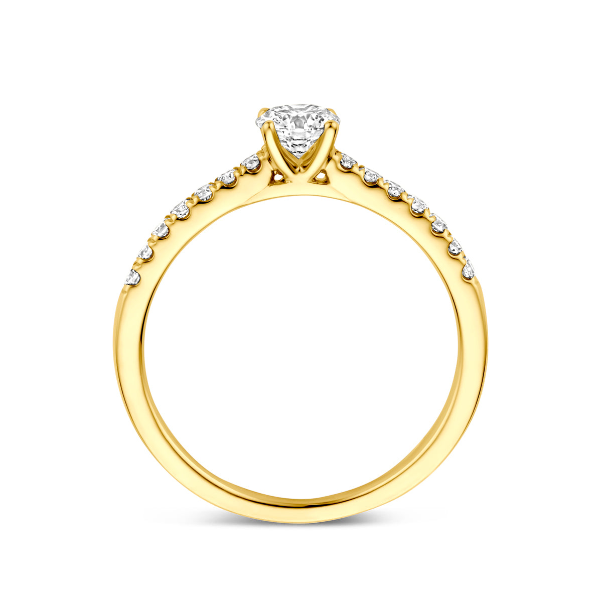 Zijaanzicht van de gouden ring met lab grown diamant van 14 karaat.