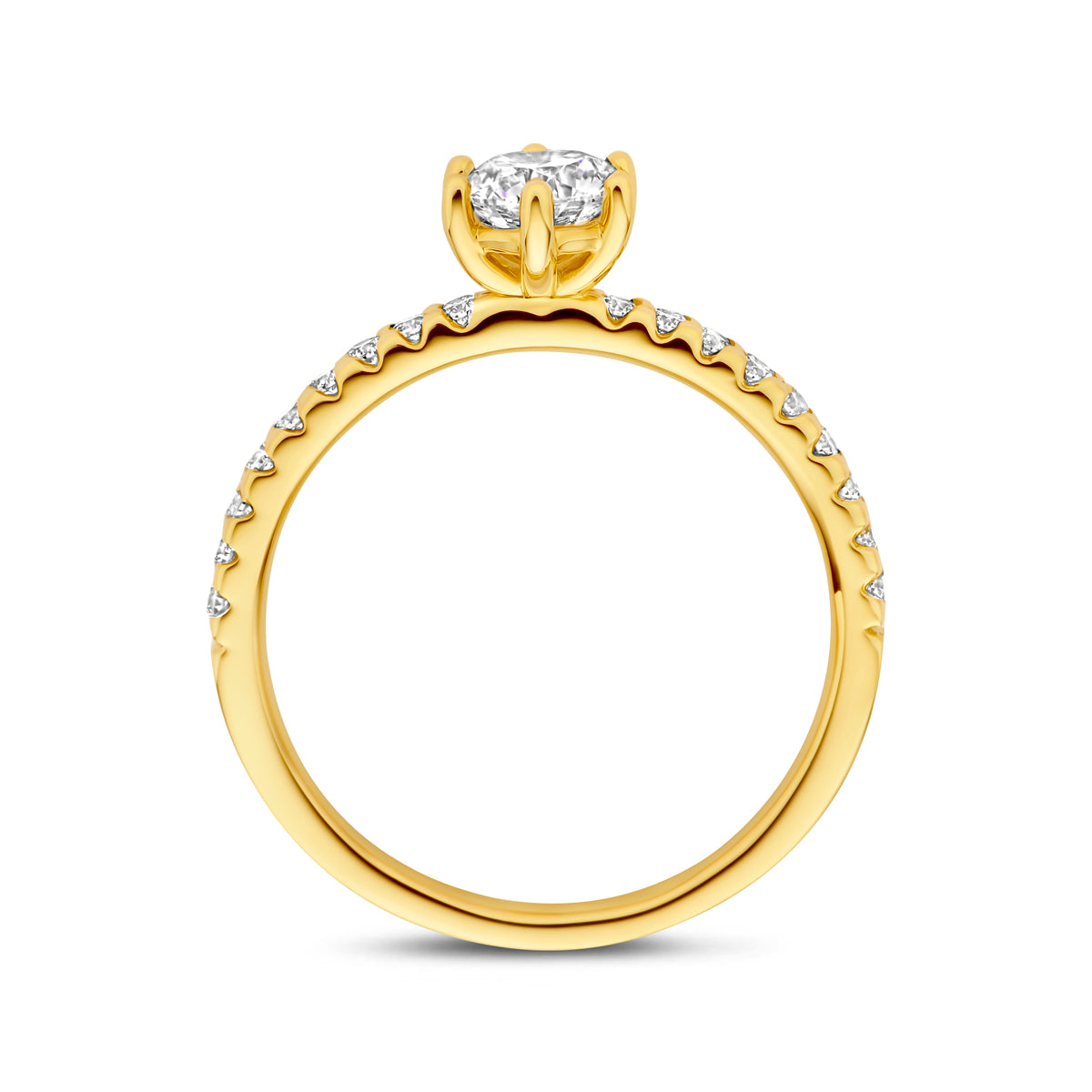 Zijaanzicht van de gouden ring met lab grown diamant van 14 karaat, 0,71 ct.
