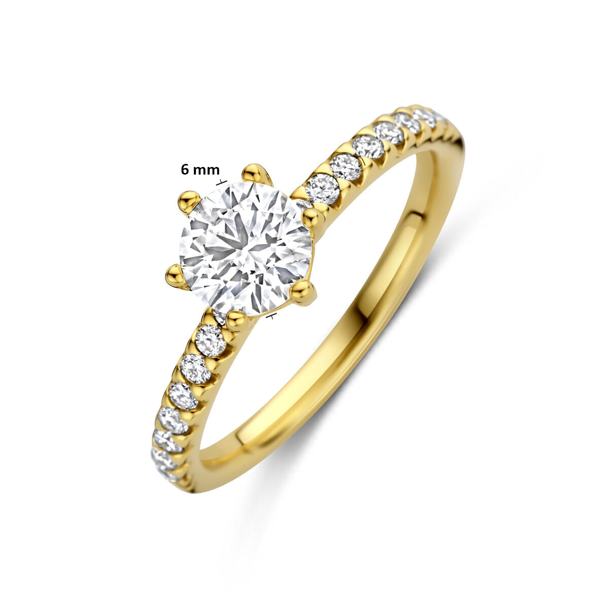 Afmetingen van de gouden ring met lab grown diamant van 14 karaat: middensteen van 6 mm, 0,98 ct.