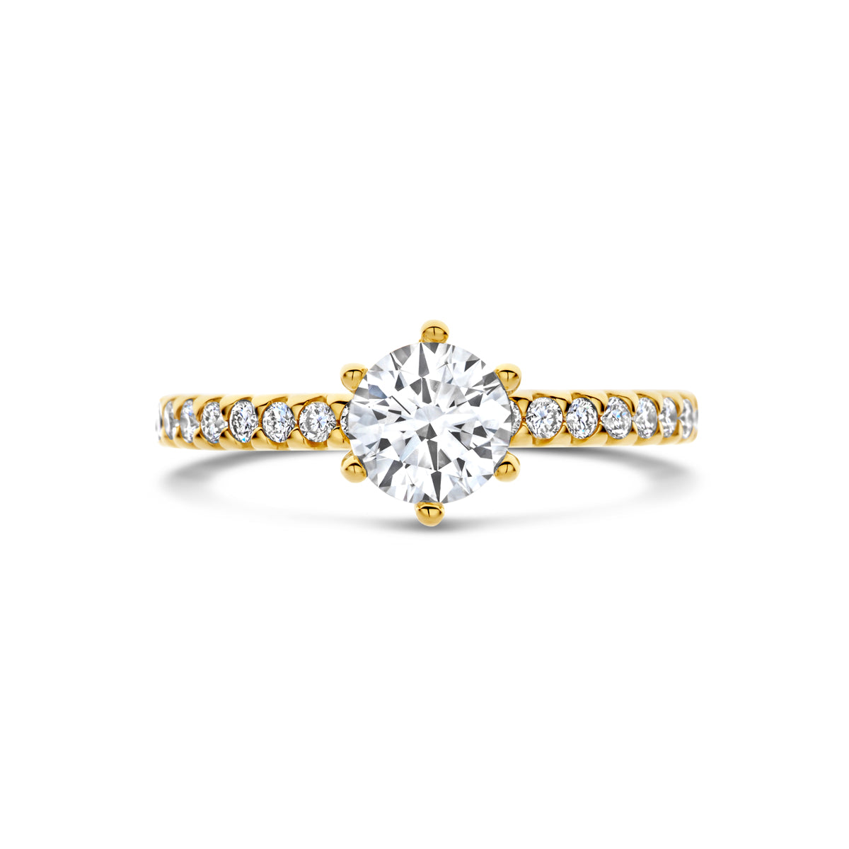 Bovenaanzicht van de gouden ring met lab grown diamant van 14 karaat, 0,98 ct.