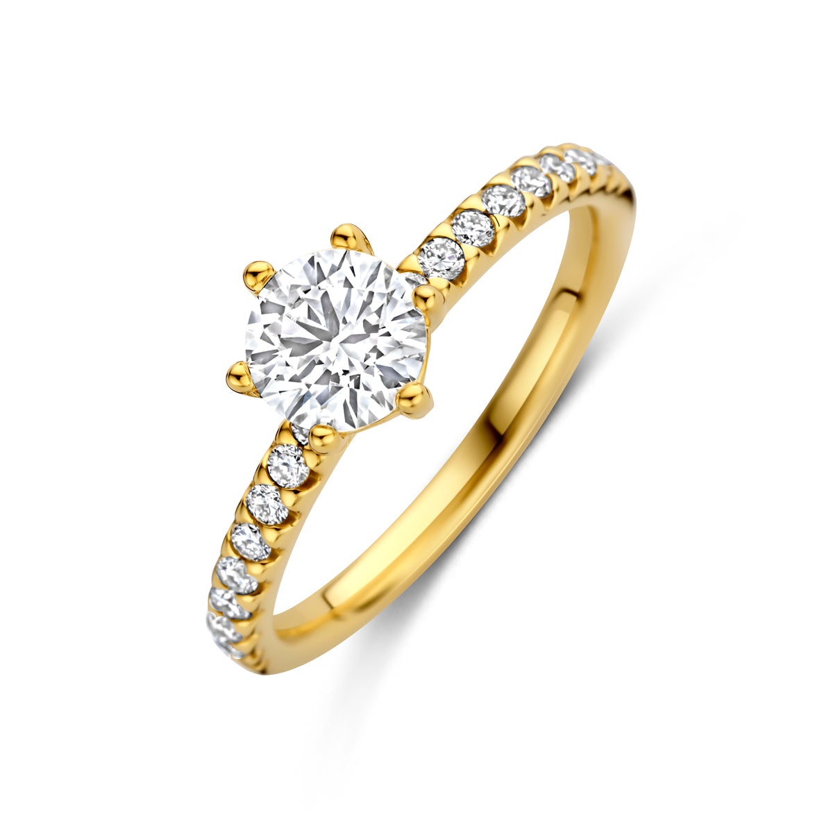 Schuin bovenaanzicht van de gouden ring met lab grown diamant van 14 karaat.