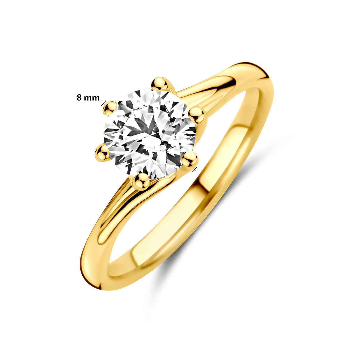 Afmetingen van de gouden ring met lab grown diamant van 14 karaat: 8 mm breed, steen 8 mm, 1,00 ct.