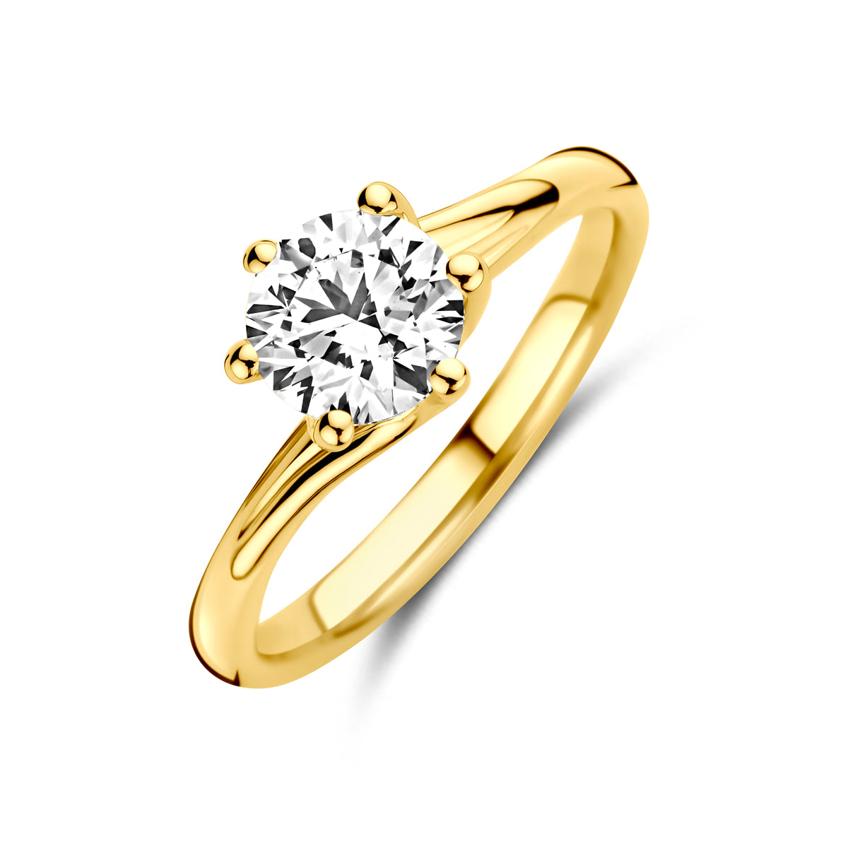Schuin bovenaanzicht van de gouden ring met lab grown diamant van 14 karaat.
