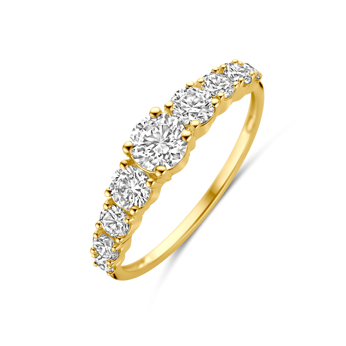 Schuin bovenaanzicht van de gouden ring met lab grown diamant van 14 karaat.