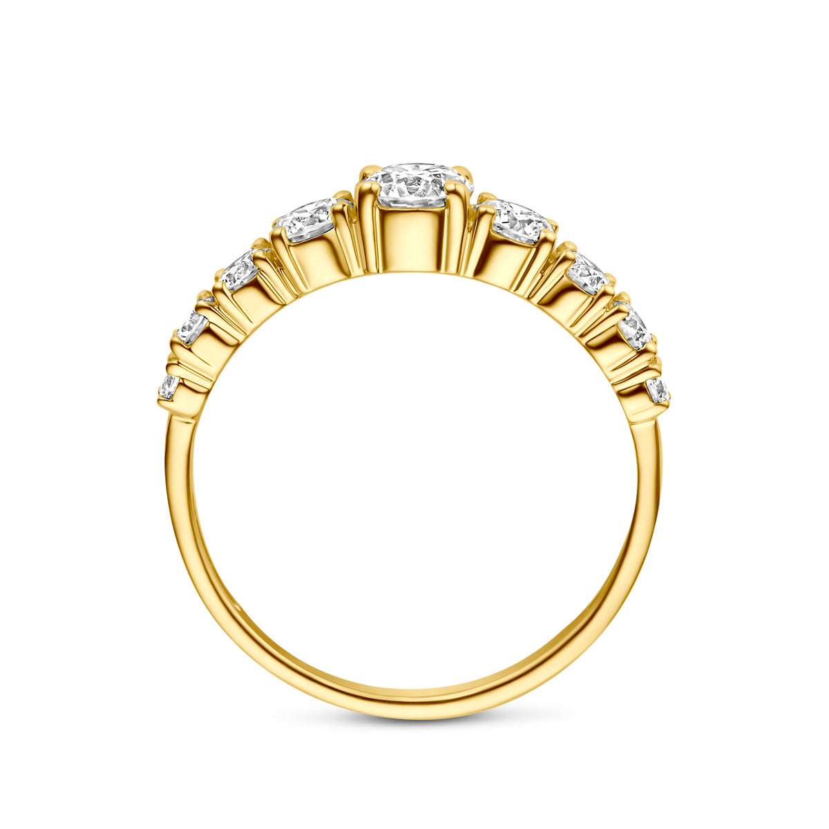 Zijaanzicht van de gouden ring met lab grown diamant van 14 karaat.