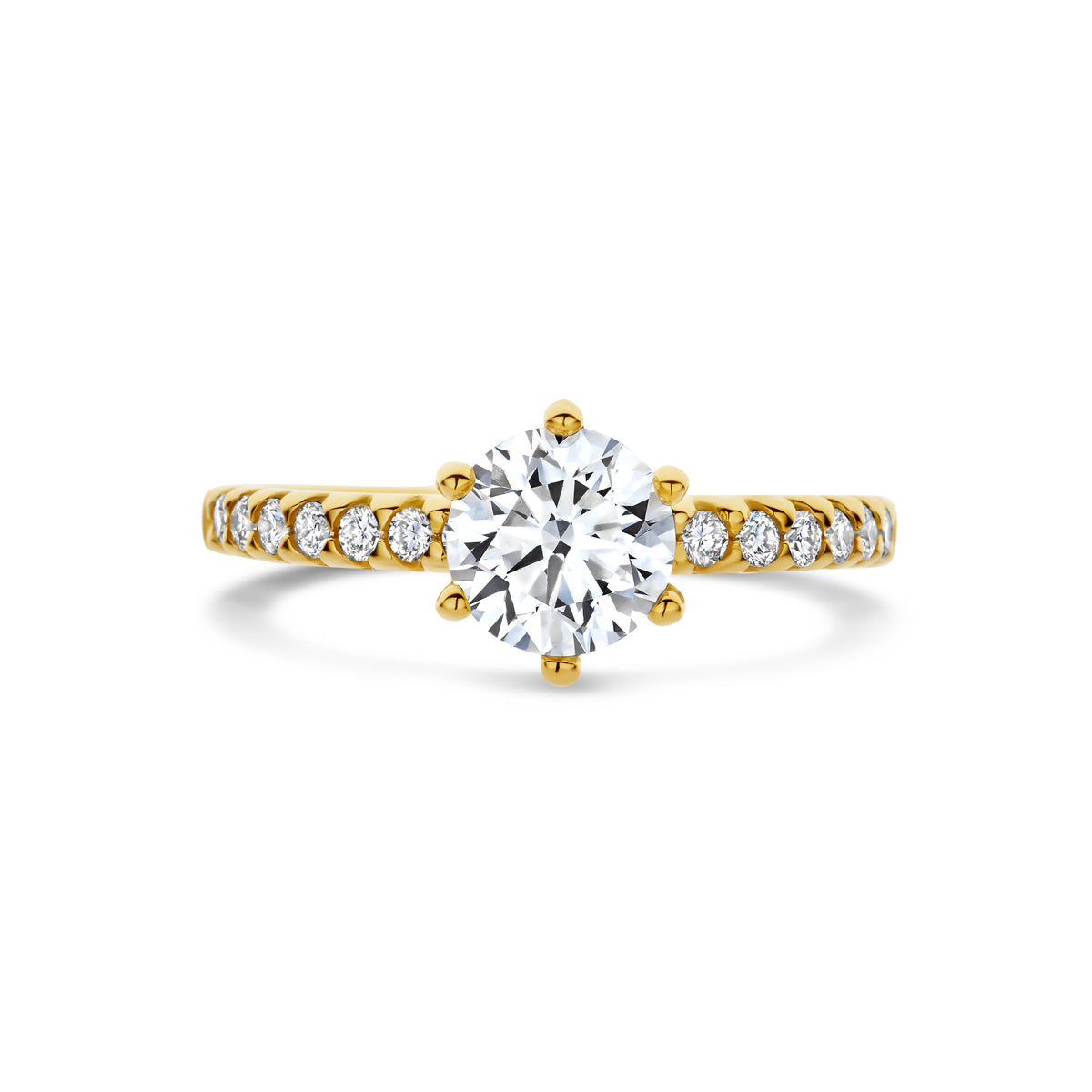 Bovenaanzicht van de gouden ring met lab grown diamant van 14 karaat, 1,24 ct.
