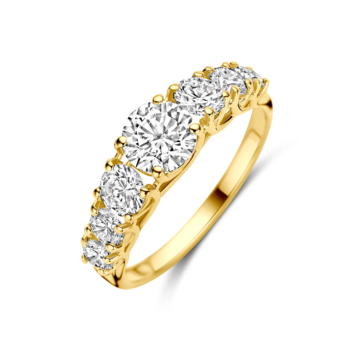 Schuin bovenaanzicht van de gouden ring met lab grown diamanten van 14 karaat.