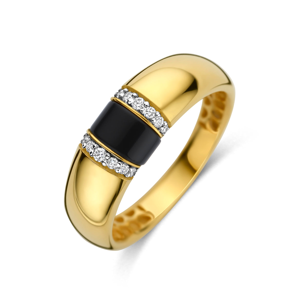 Schuin bovenaanzicht van de gouden ring met onyx en diamant van 14 karaat.