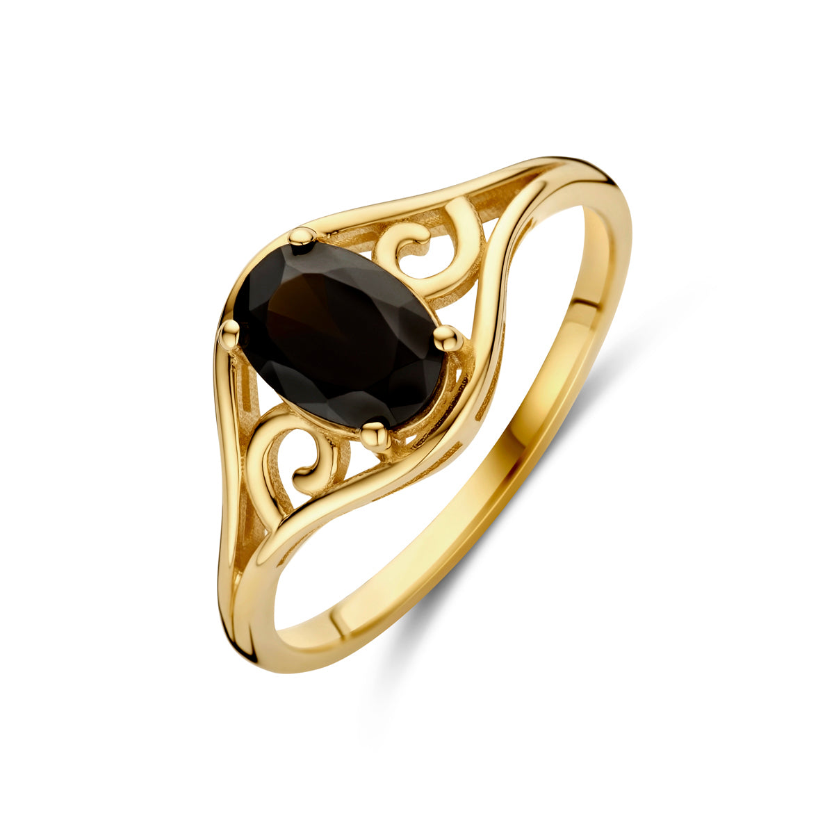 Schuin bovenaanzicht van de gouden ring met ovale onyx van 14 karaat.