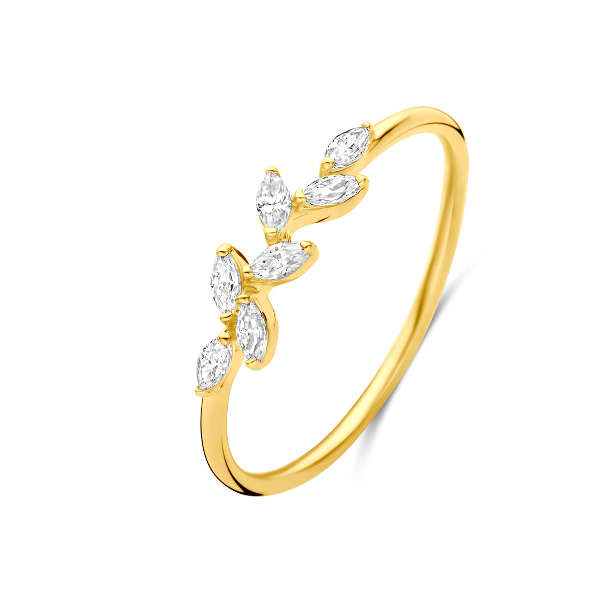 Schuin bovenaanzicht van de gouden ring met ovale zirkonia van 14 karaat.