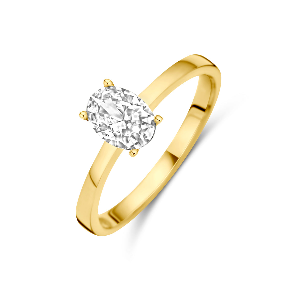 Schuin bovenaanzicht van de gouden ring met ovale zirkonia van 14 karaat.
