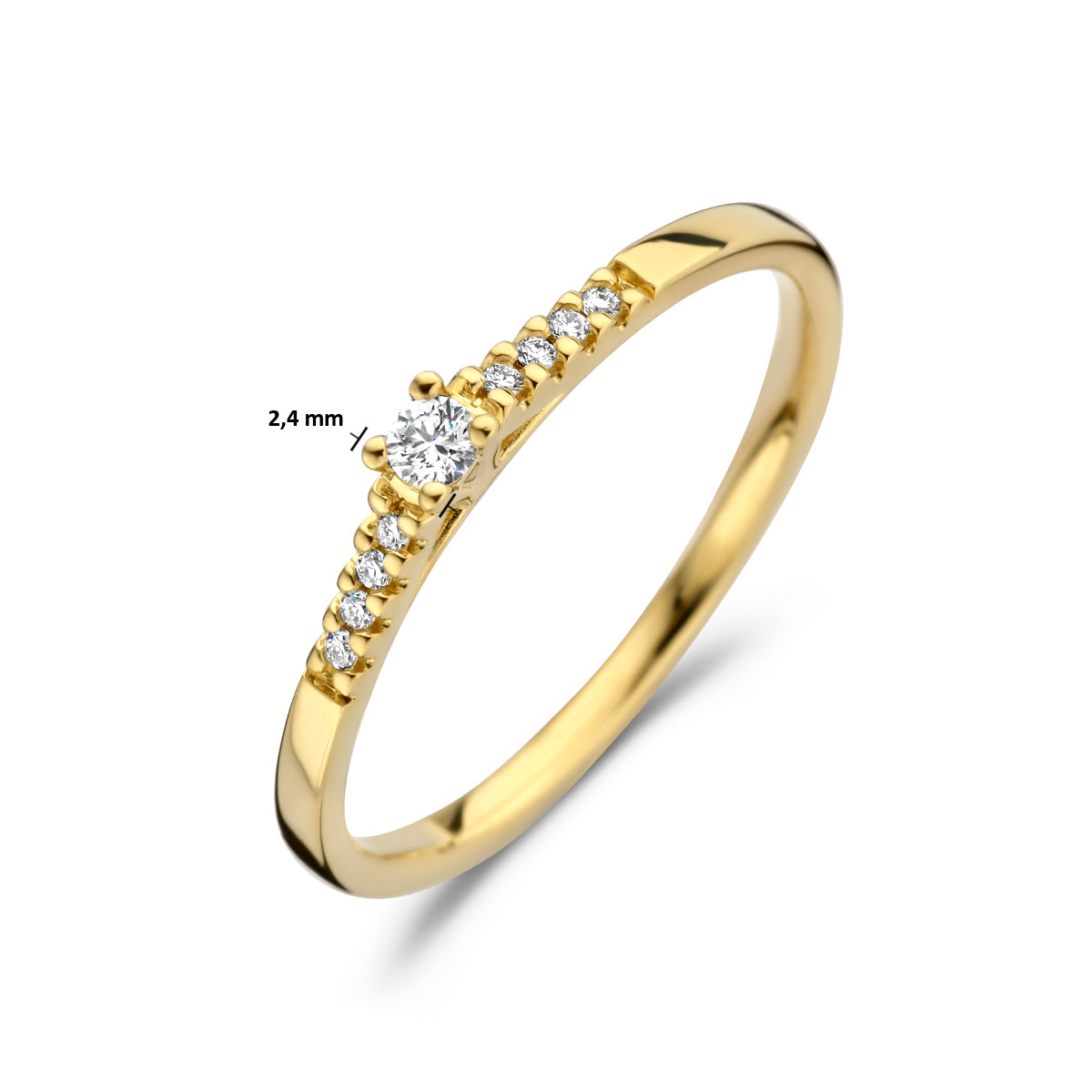 Afmetingen van de gouden ring met diamant van 14 karaat: 2,4 mm breed, 0,07 ct.