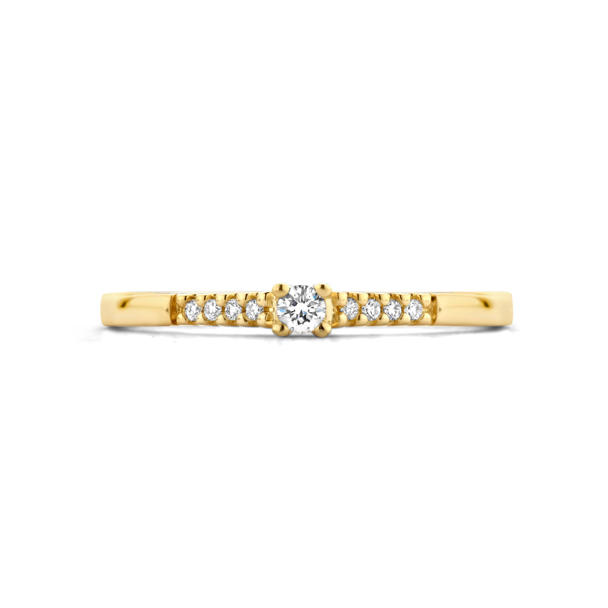 Bovenaanzicht van de gouden ring met diamant van 14 karaat, 0,07 ct.