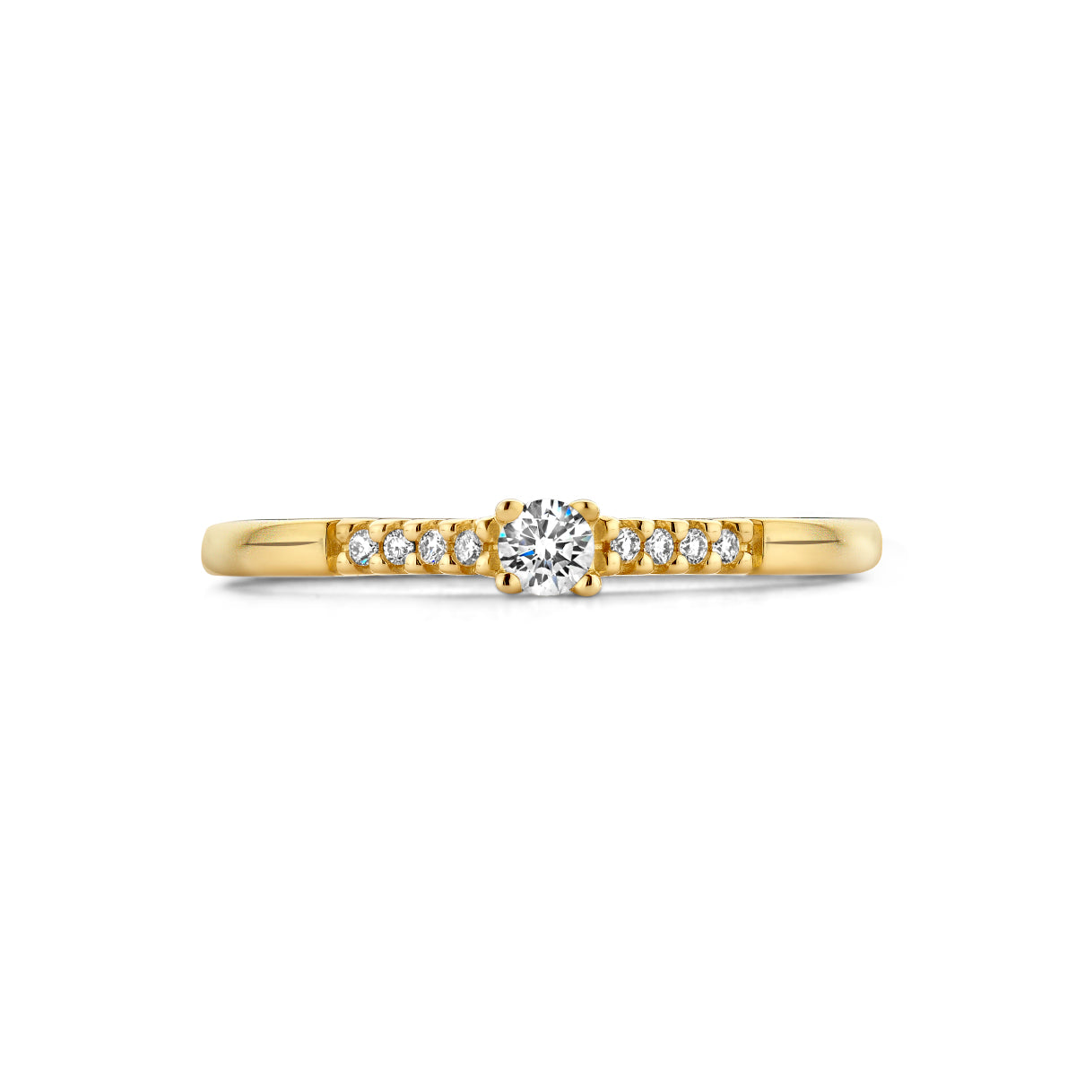 Bovenaanzicht van de gouden ring met diamant van 14 karaat, 0,10 ct.