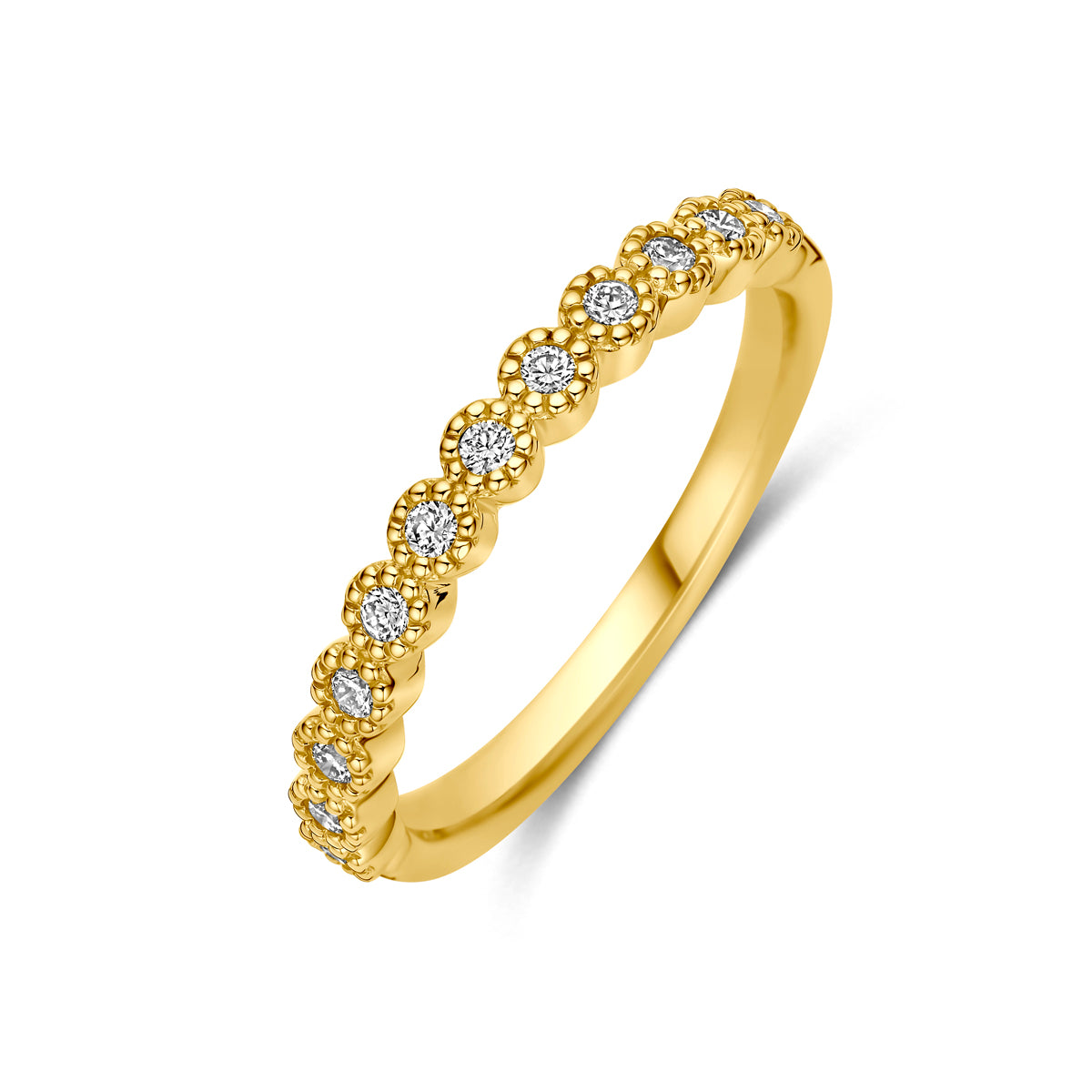 Schuin bovenaanzicht van de gouden ring met diamant van 14 karaat.