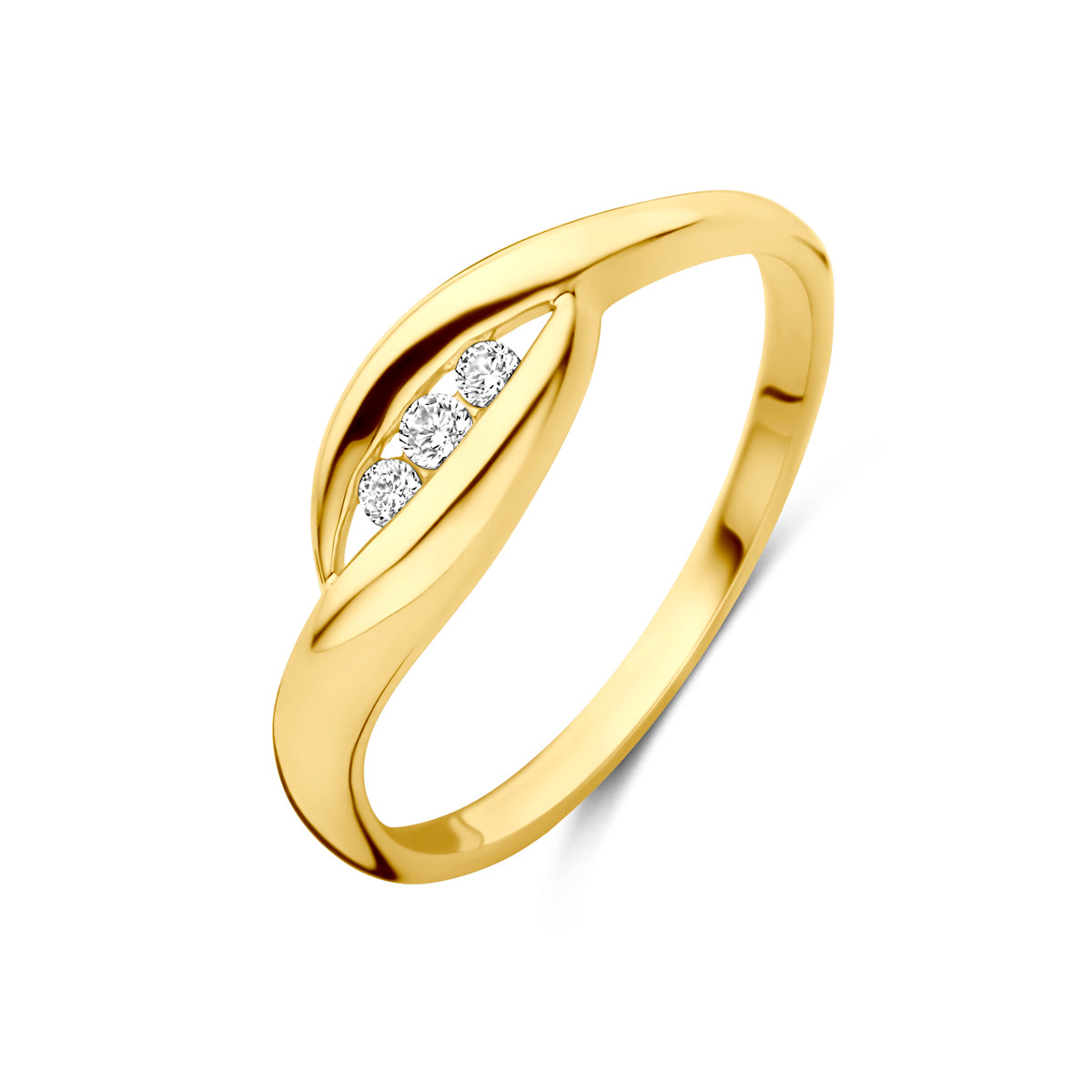 Schuin bovenaanzicht van de gouden ring met zirkonia van 14 karaat.