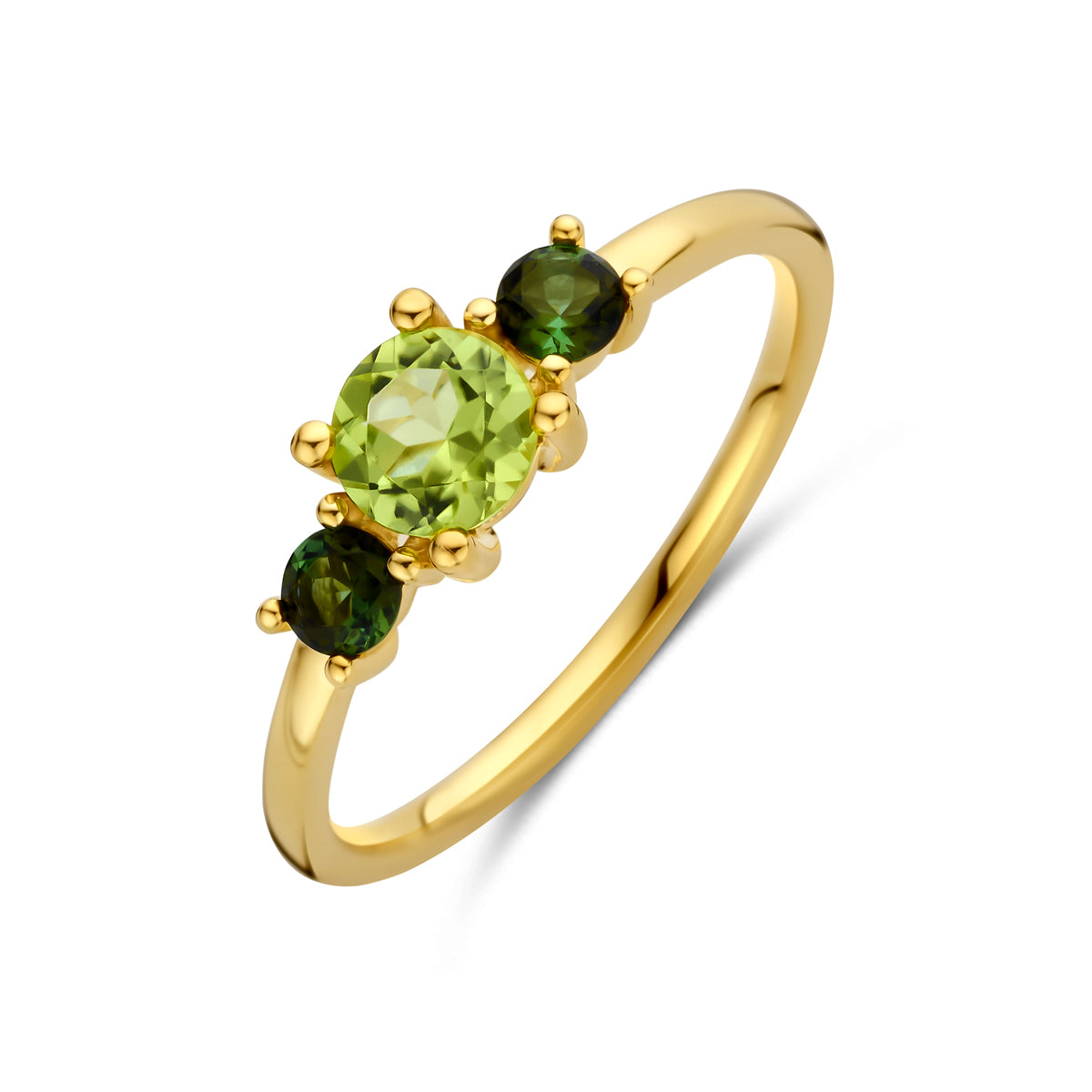 Schuin bovenaanzicht van de gouden ring met toermalijn en peridoot van 14 karaat.