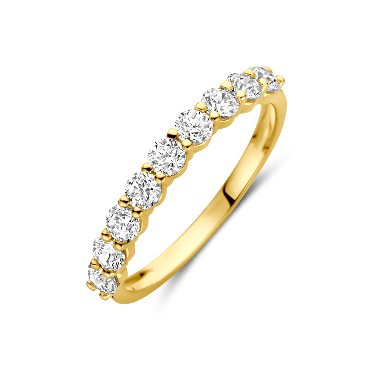 Schuin bovenaanzicht van de gouden ring met zirkonia van 14 karaat.