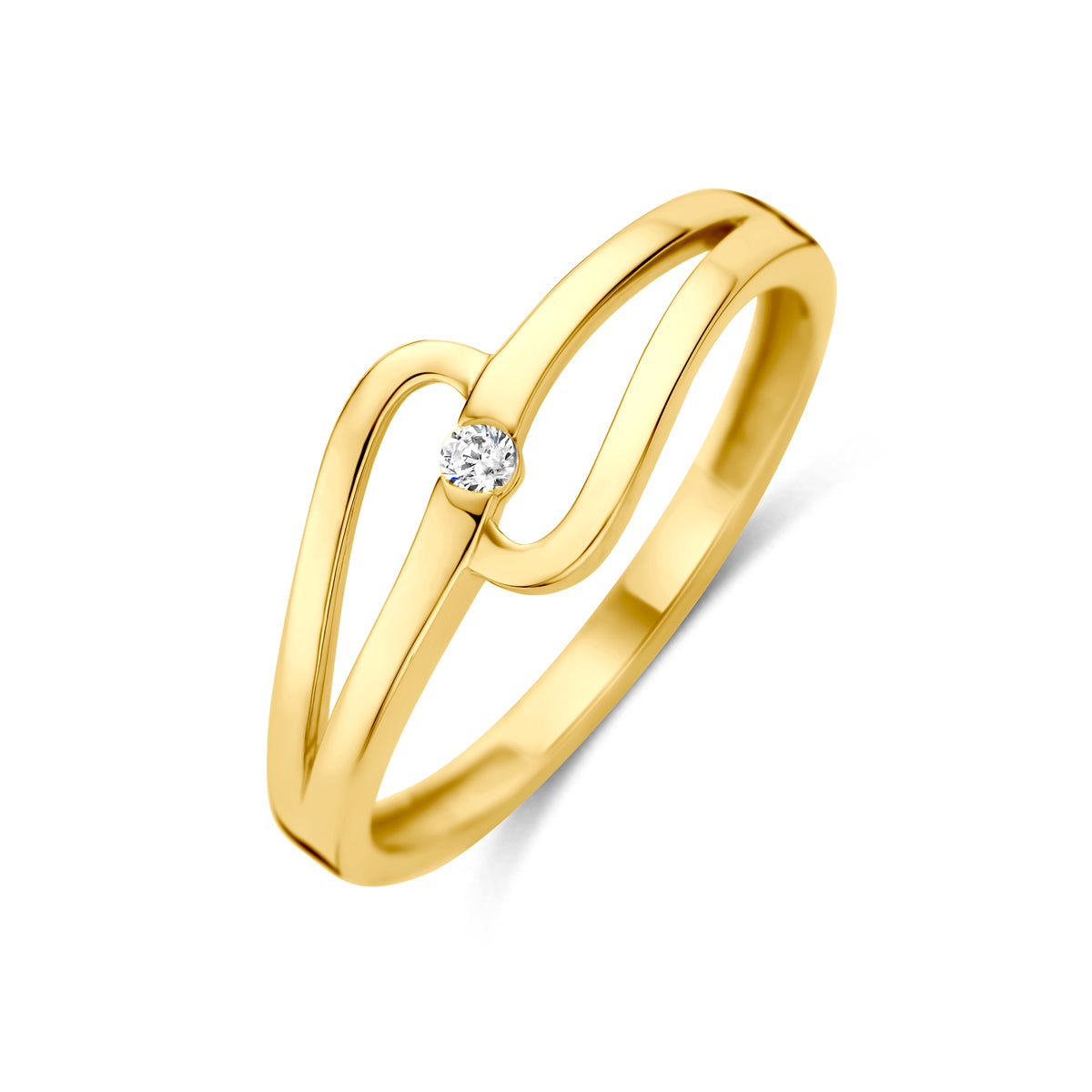 Schuin bovenaanzicht van de gouden ring met zirkonia van 14 karaat.