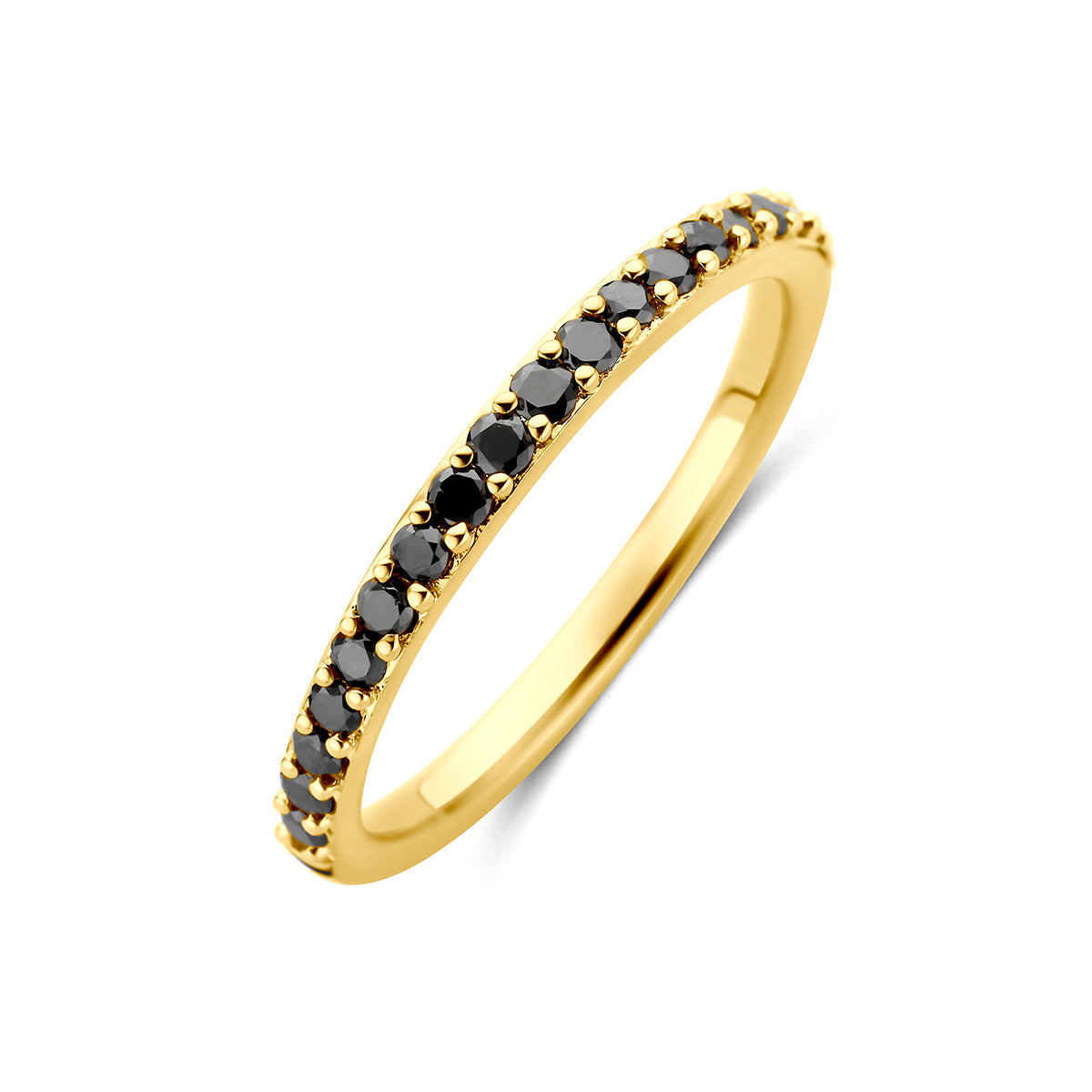 Schuin bovenaanzicht van de gouden ring met zwarte diamant van 14 karaat.