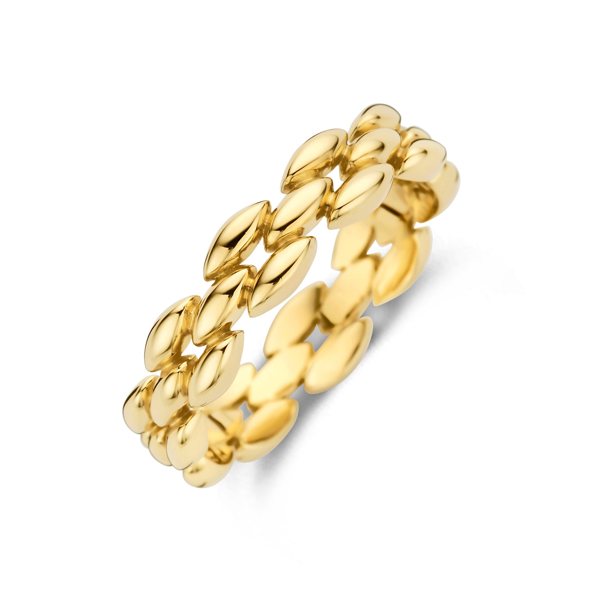 Schuin bovenaanzicht van de 14 karaat gouden ring, 4,5 mm breed.