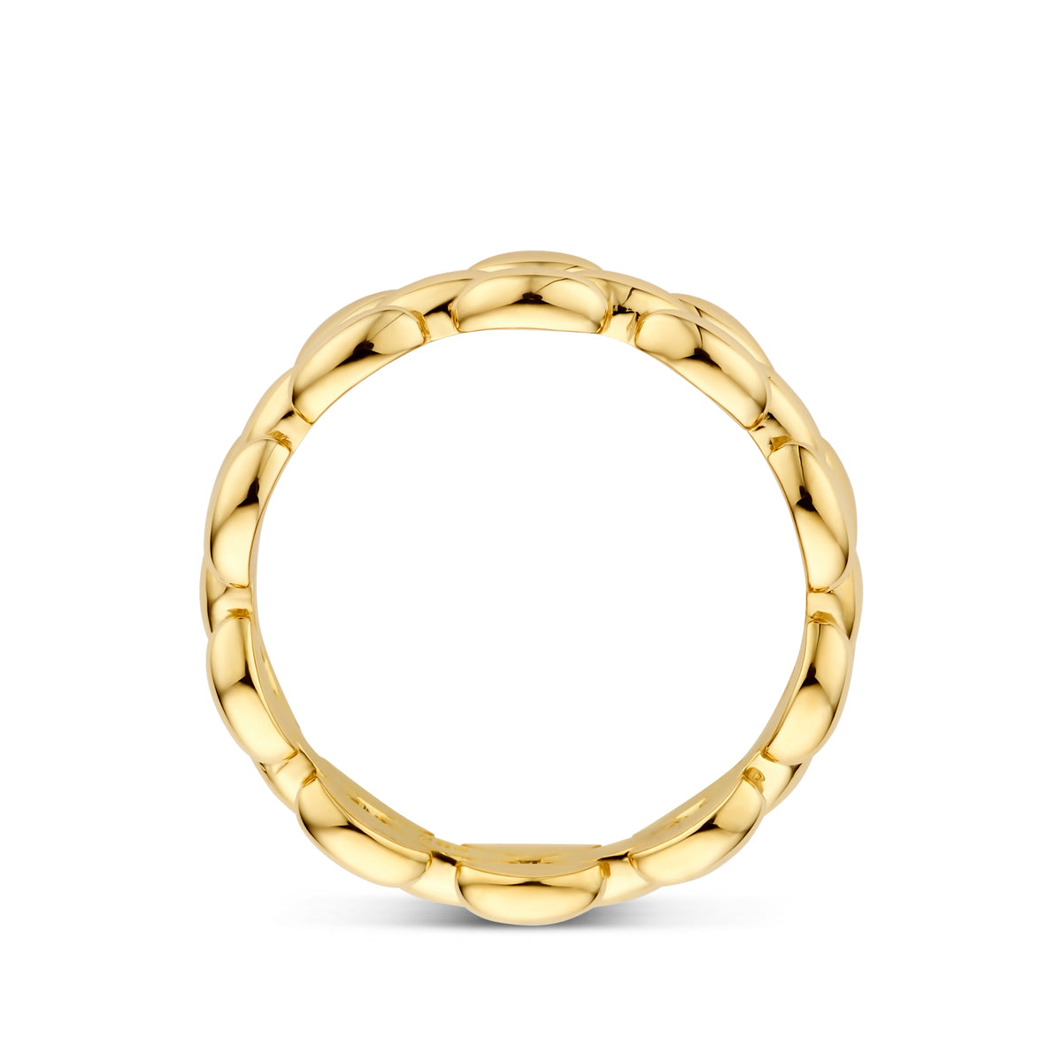 Zijaanzicht van de 14 karaat gouden ring, zodat het profiel van de ring zichtbaar is.