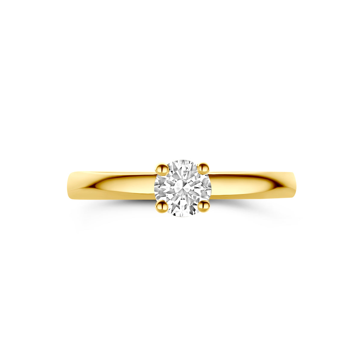 Bovenaanzicht van de 14 karaat gouden ring met zirkonia, plat liggend van bovenaf gezien.
