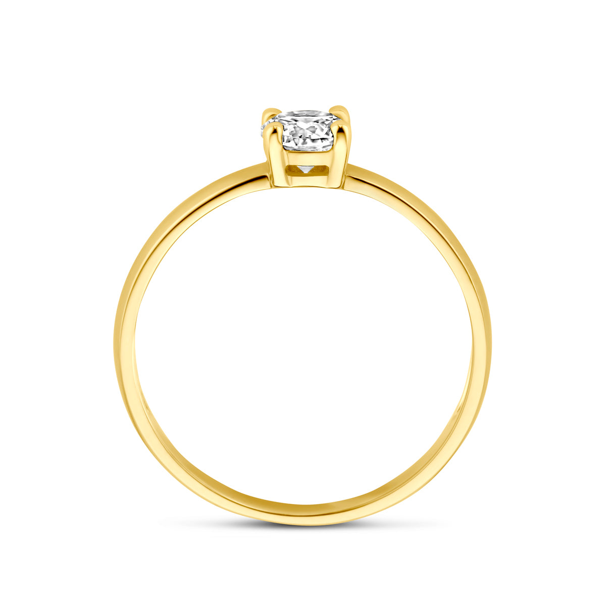 Zijaanzicht van de 14 karaat gouden ring met zirkonia, zodat het profiel van de ring zichtbaar is.