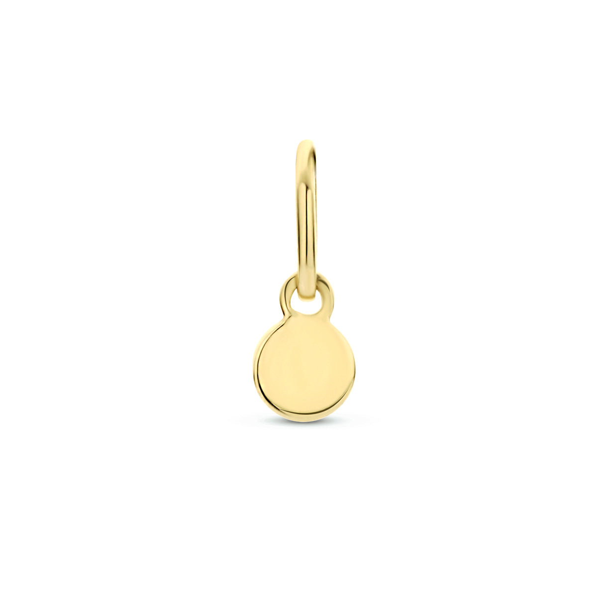 Vooraanzicht van de gouden rond plaatje hanger van 14 karaat.