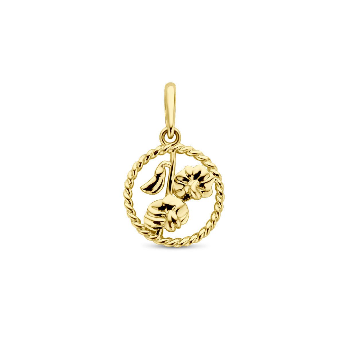Vooraanzicht van de gouden ronde geboortebloem hanger april van 14 karaat.