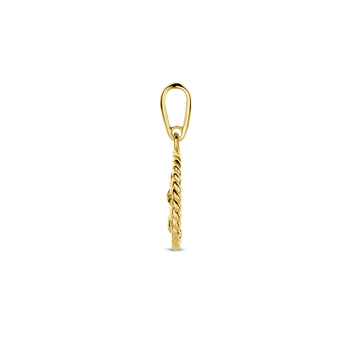 Zijaanzicht van de gouden ronde geboortebloem hanger april van 14 karaat.