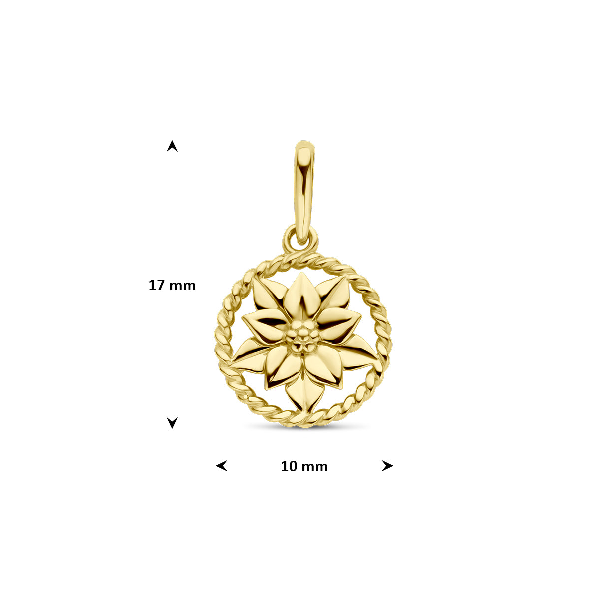 Afmetingen van de gouden ronde geboortebloem hanger december van 14 karaat: 17 mm hoog inclusief oog en 10 mm doorsnee.