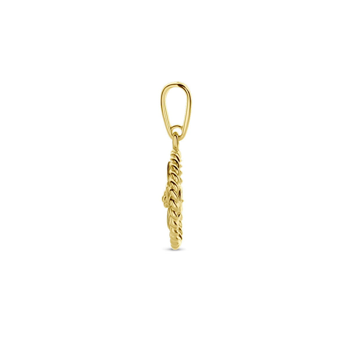 Zijaanzicht van de gouden ronde geboortebloem hanger december van 14 karaat.