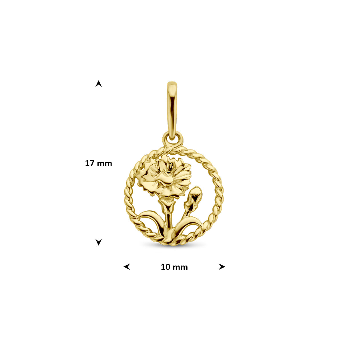 Afmetingen van de gouden ronde geboortebloem hanger januari van 14 karaat: 17 mm hoog inclusief oog en 10 mm doorsnee.