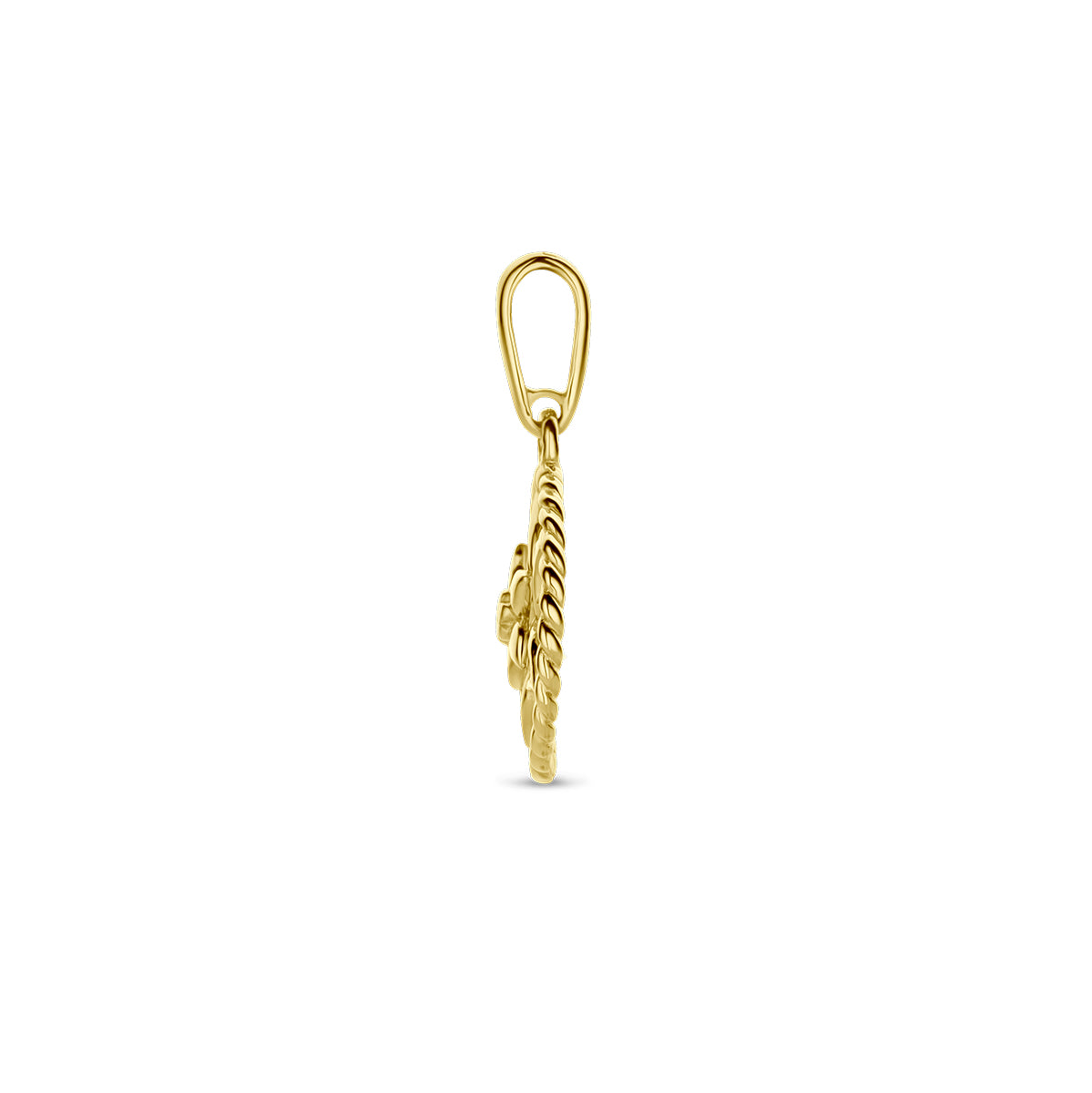 Zijaanzicht van de gouden ronde geboortebloem hanger juli van 14 karaat.