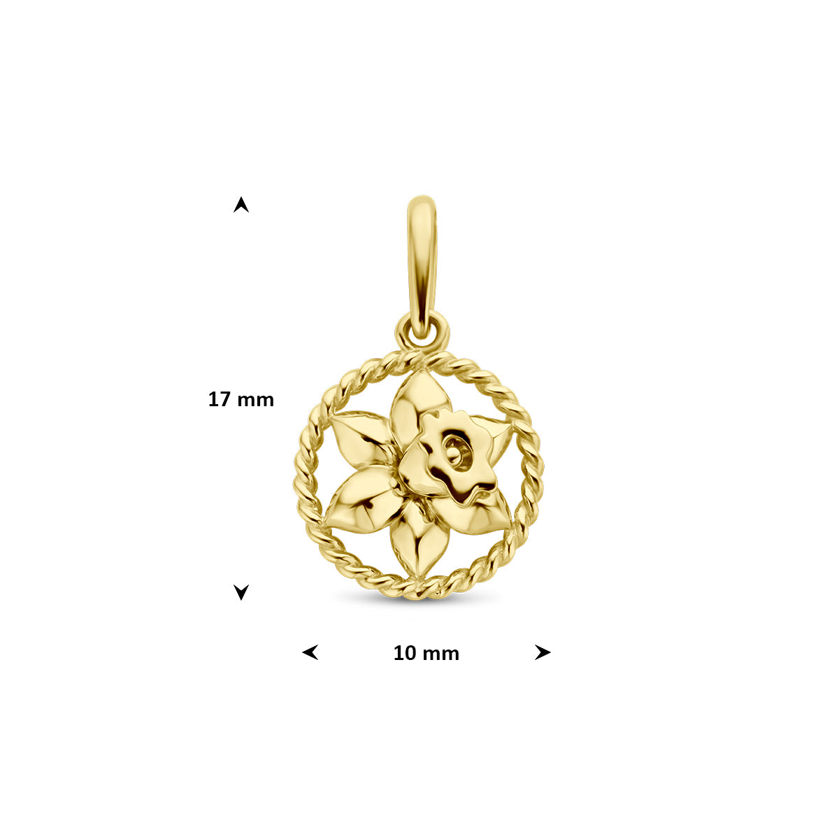 Afmetingen van de gouden ronde geboortebloem hanger maart van 14 karaat: 17 mm hoog inclusief oog en 10 mm doorsnee.