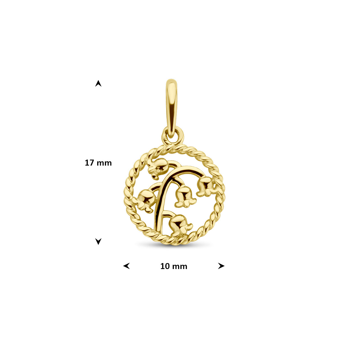 Afmetingen van de gouden ronde geboortebloem hanger mei van 14 karaat: 17 mm hoog inclusief oog en 10 mm doorsnee.