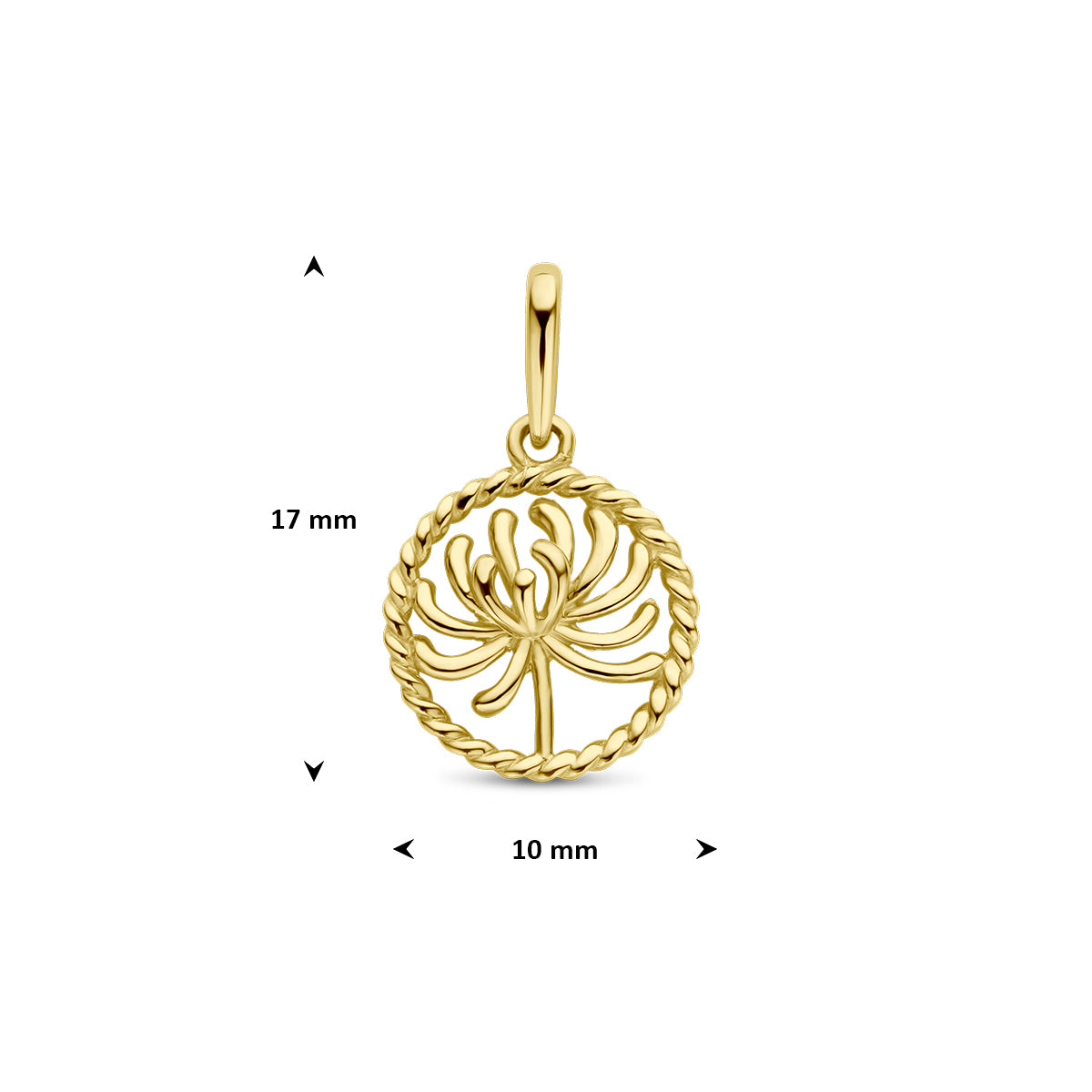 Afmetingen van de gouden ronde geboortebloem hanger november van 14 karaat: 17 mm hoog inclusief oog en 10 mm doorsnee.
