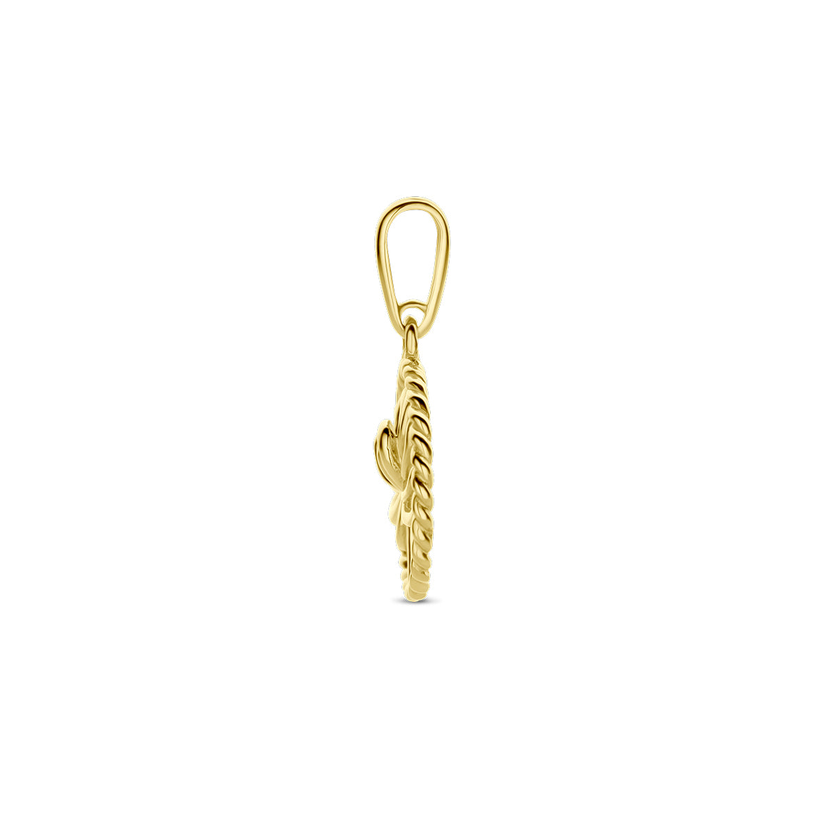 Zijaanzicht van de gouden ronde geboortebloem hanger november van 14 karaat.