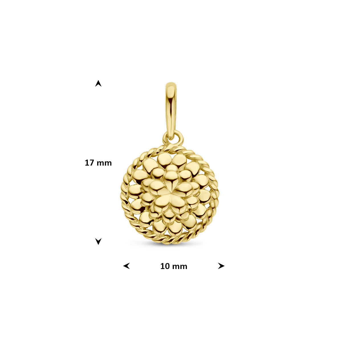 Afmetingen van de gouden ronde geboortebloem hanger oktober van 14 karaat: 17 mm hoog inclusief oog en 10 mm doorsnee.