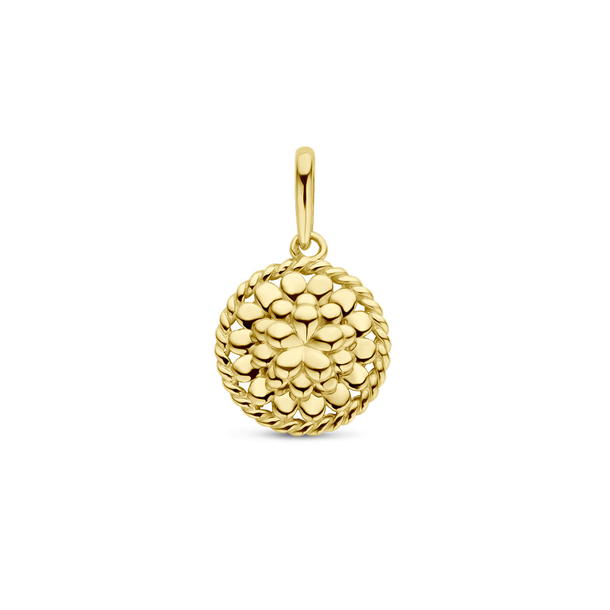 Vooraanzicht van de gouden ronde geboortebloem hanger oktober van 14 karaat.