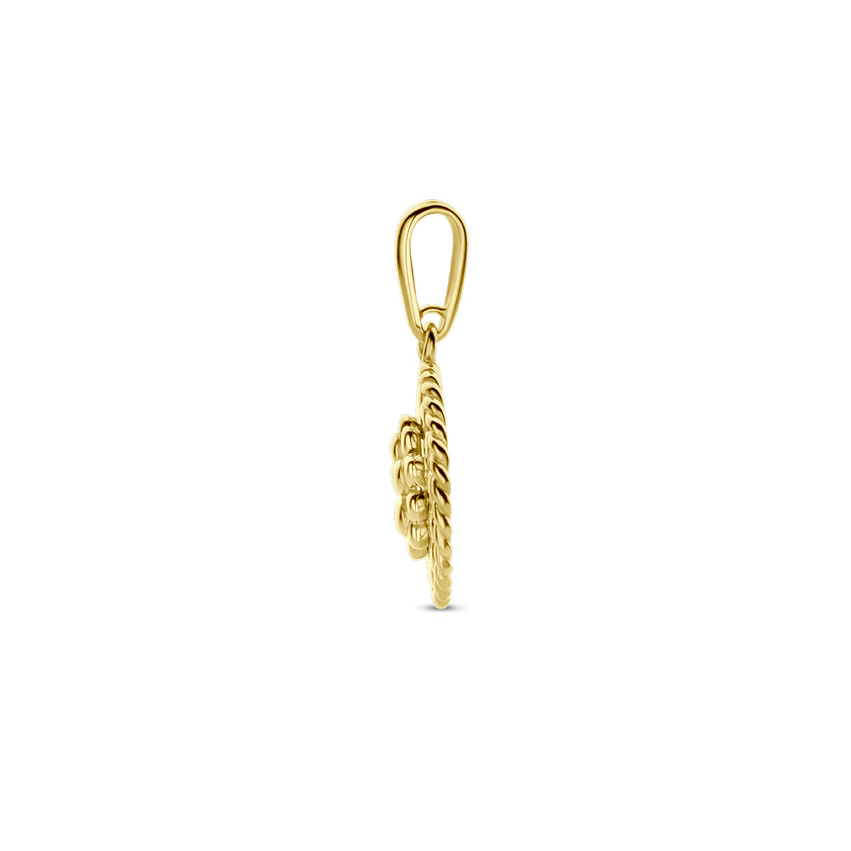 Zijaanzicht van de gouden ronde geboortebloem hanger oktober van 14 karaat.