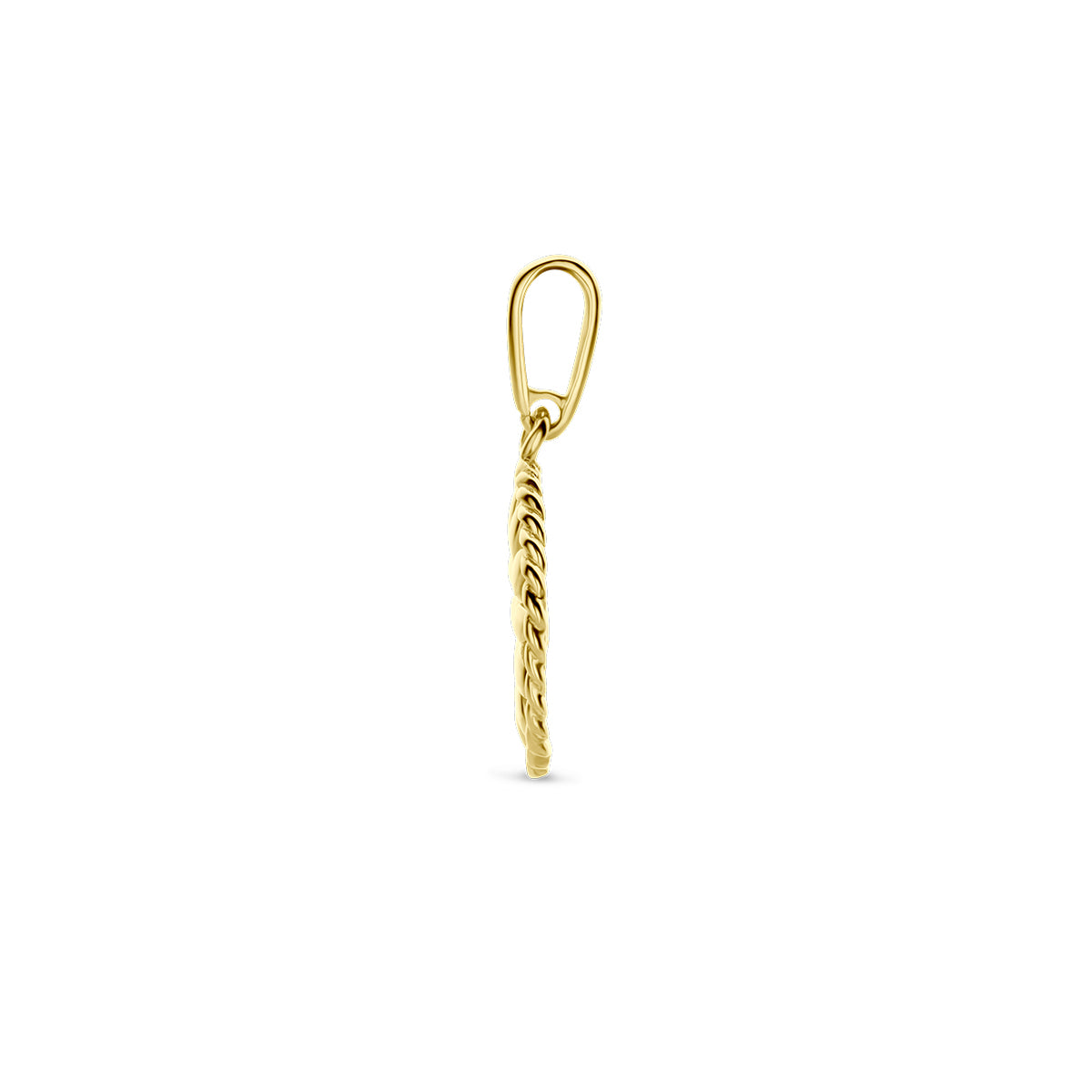Zijaanzicht van de gouden ronde geboortebloem hanger september van 14 karaat.