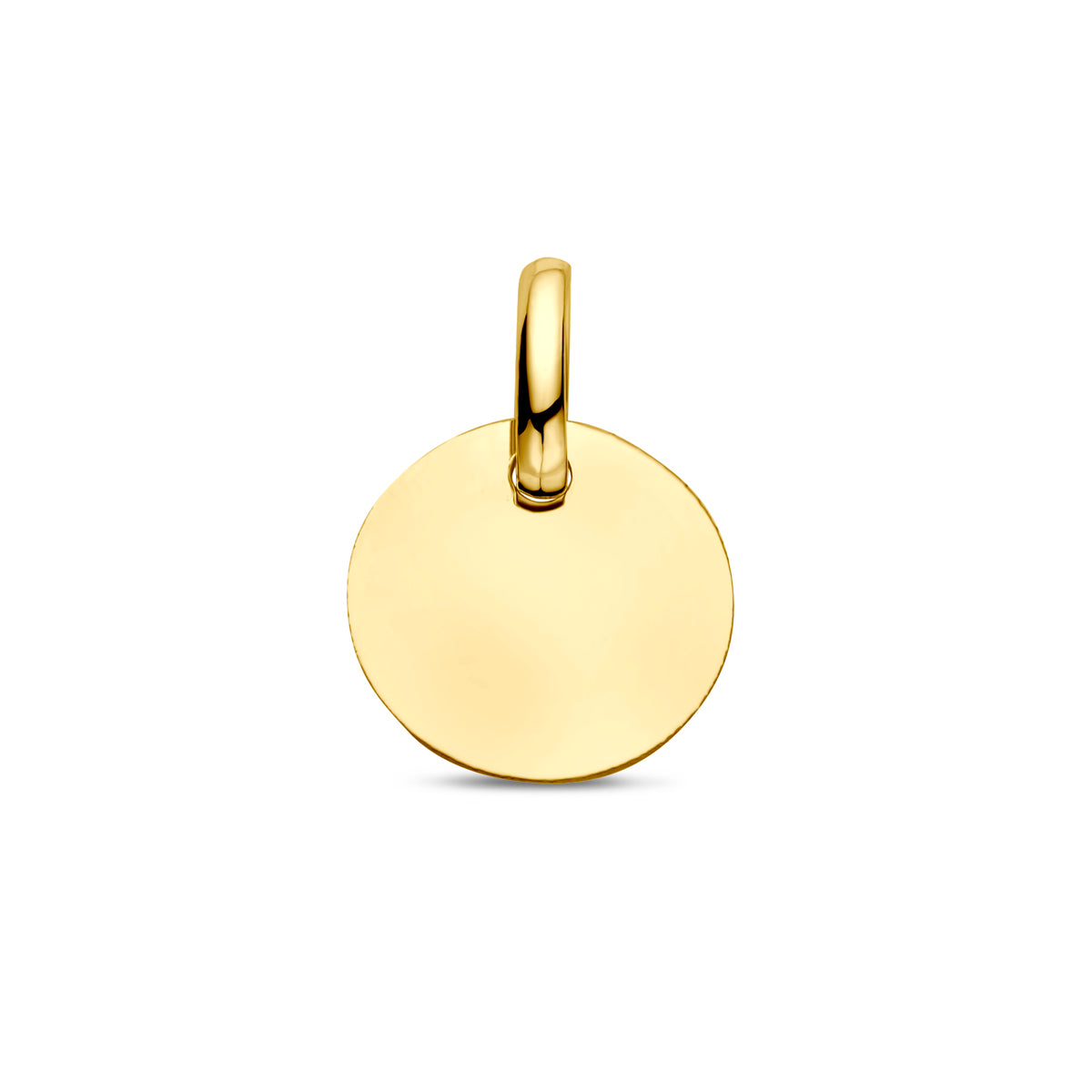 Vooraanzicht van de gouden ronde graveerhanger van 14 karaat in de maat 10 mm.