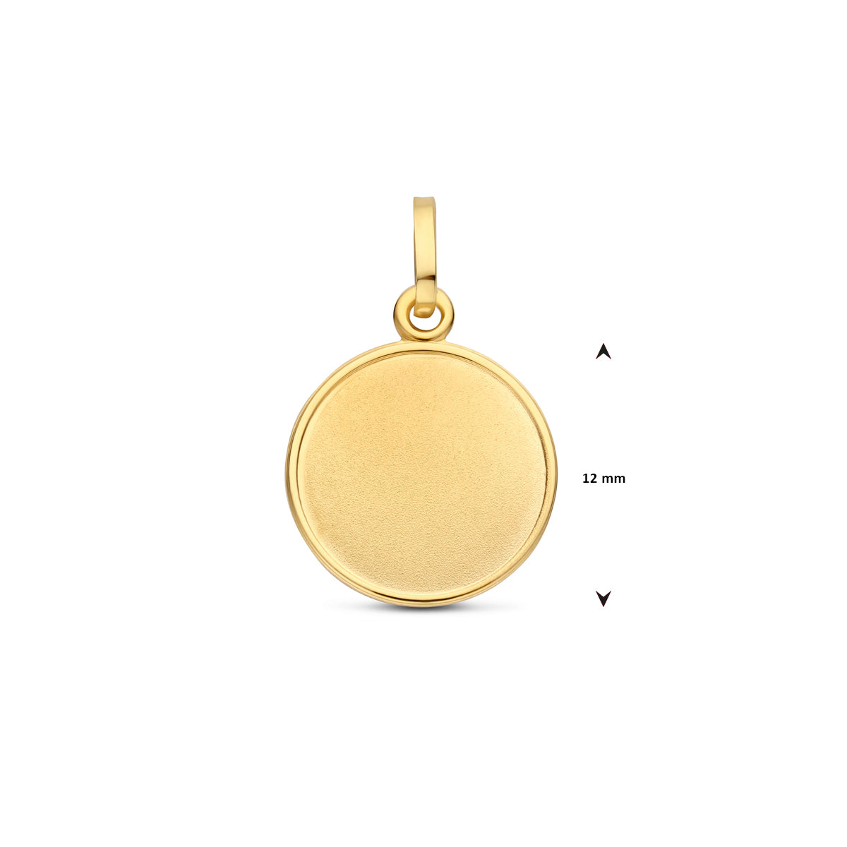 Afmetingen van de gouden ronde graveerhanger van 14 karaat: 18 mm hoog inclusief oog en 12 mm doorsnee.
